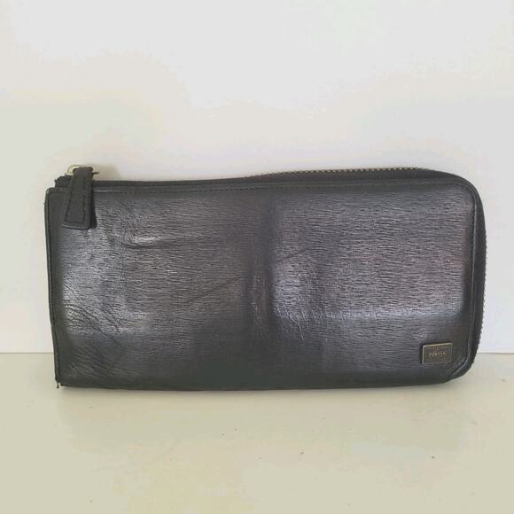 Porter Yoshida Leather Wallet Large Black Zip Around Accordion Card Holder Fair - Picture 1 of 10